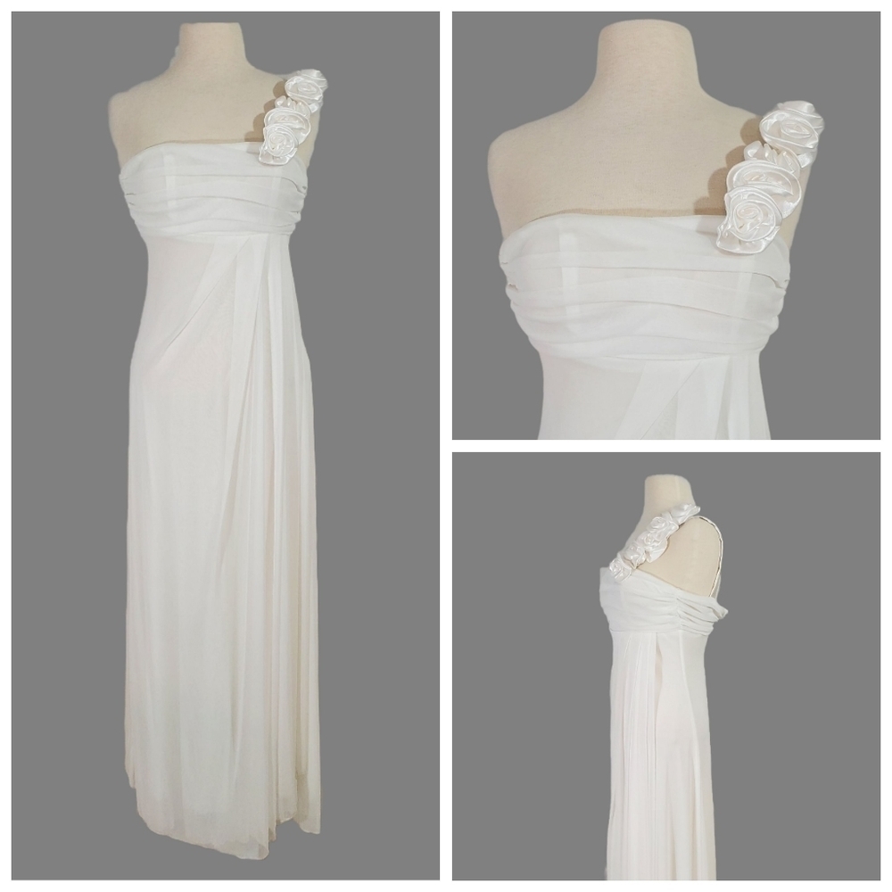 Eureka Rosette Empire Waist White Chiffon Long One Shoulder Wedding Prom Gown